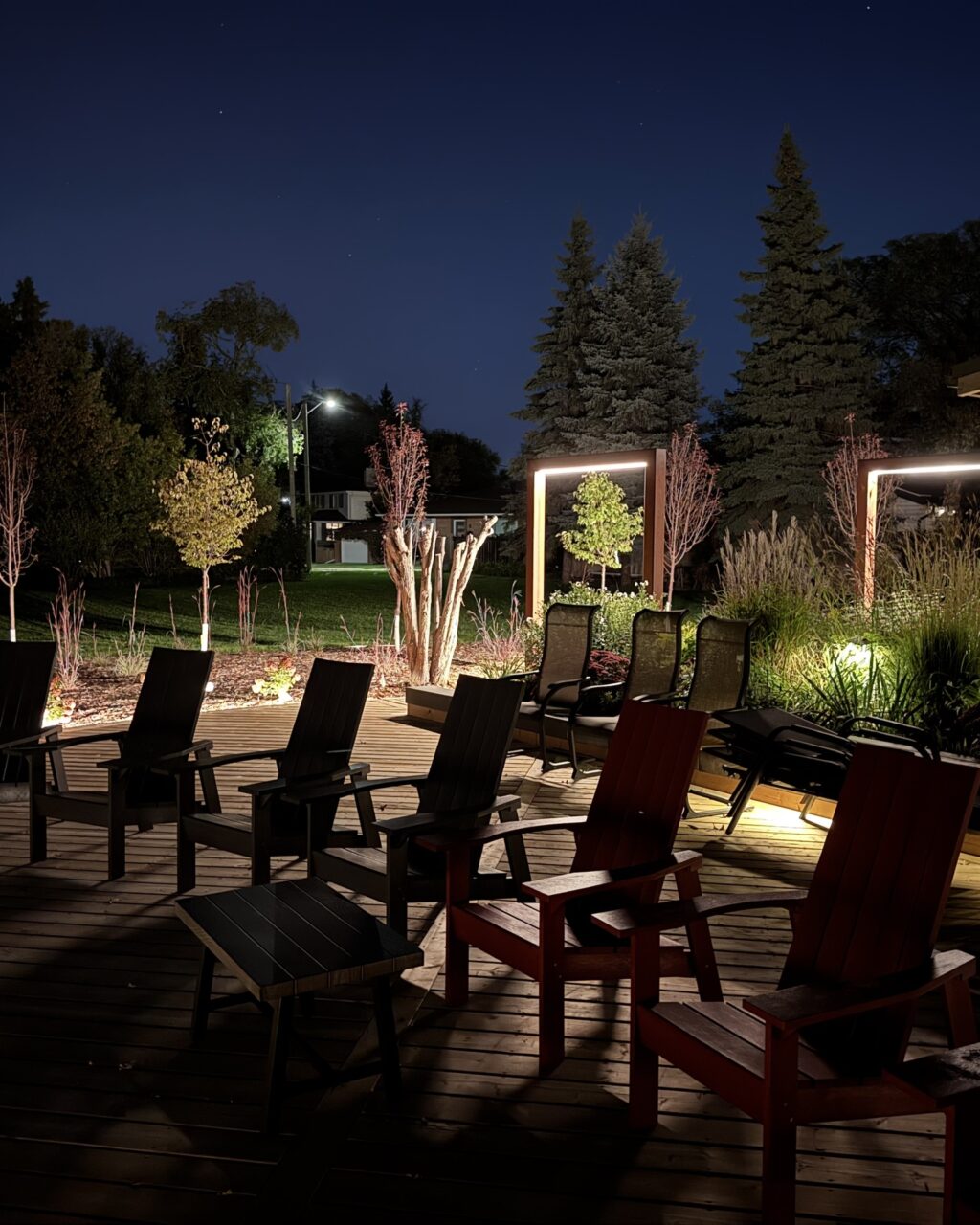 Limitless Landscaping custom patio softscaping project with lighting in Winnipeg, Manitoba.
